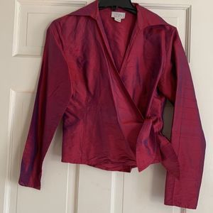 Ann Taylor 100% silk shirt tie wrap side iridescent Wine color free shipping